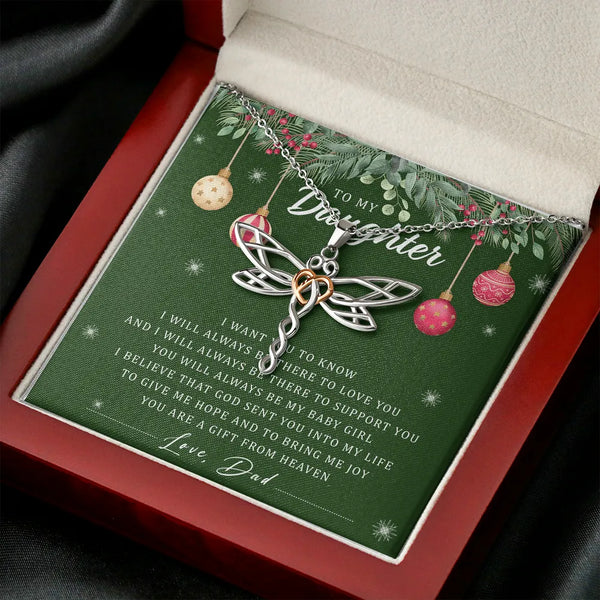 Rose Gold Heart Dragonfly Pendant, Dragonfly Necklace for Daughter, Dad to Daughter Dragonfly Necklace, Christmas Necklace Pr
