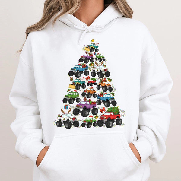 Festive Off Road Vehicle Hoodie, Monster Truck Christmas Tree Hoodie, Humorous Xmas Graphic Sweatshirt, Truck Lover Hoodie, H
