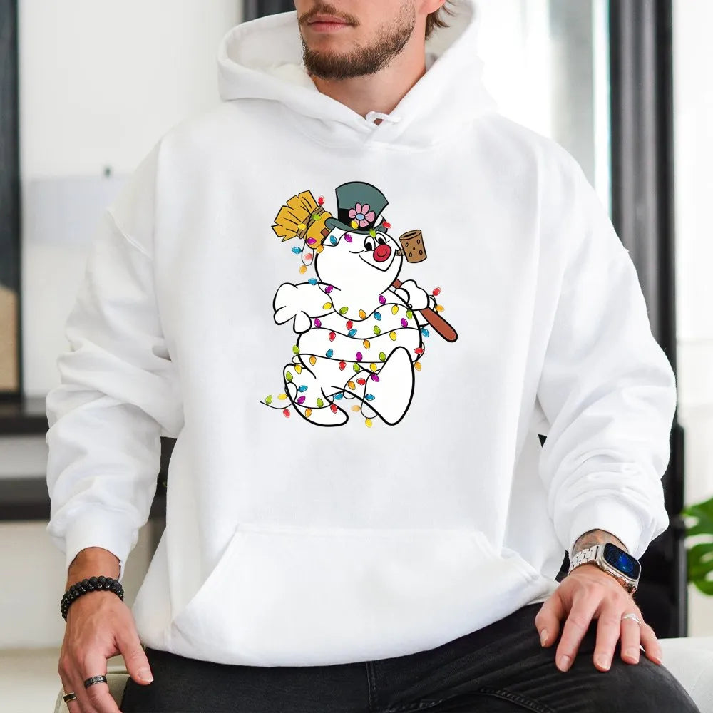 Festive Light Up Winter Snowman Hoodie, Christmas Snowman Hoodie, Retro Holiday Party Graphic Sweatshirt, Comfy Adorable Xmas