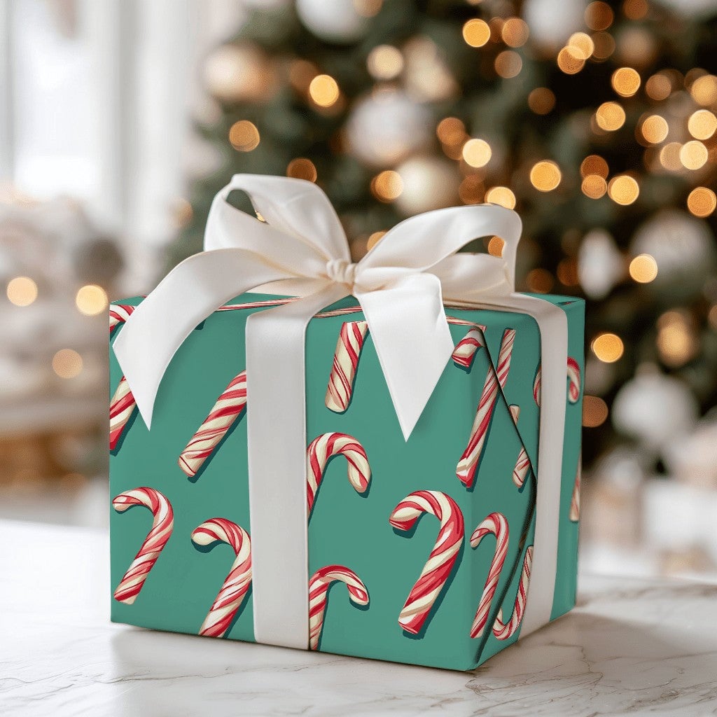 Festive Candy Cane Gift Wrap, Candy Cane Christmas Wrapping Paper, Red and White Candy Cane Present Paper, Teal Holiday Wrapp