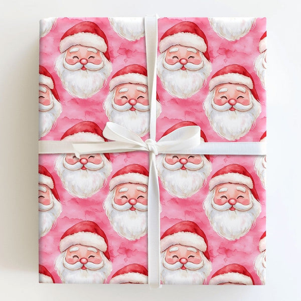 Watercolor Santa Face Gift Wrap, Pink Santa Claus Wrapping Paper, Pastel Pink Christmas Wrapping Paper, Adorable Holiday Sant