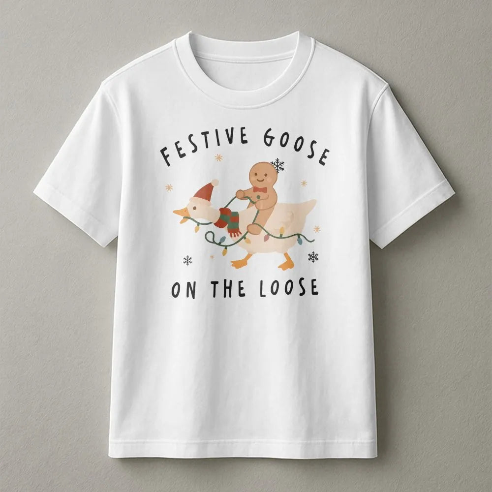 Christmas Goose T-Shirt, Festive Goose on the Loose Shirt, Gingerbread Man Riding Goose Tee, Humorous Holiday Graphic Tee, Ch