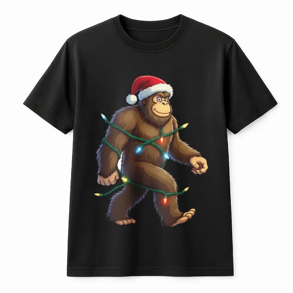 Humorous Sasquatch Santa Hat Shirt, Bigfoot Christmas T-Shirt, Retro Bigfoot Holiday Lights Tee, Adorable Bigfoot Xmas Shirt,