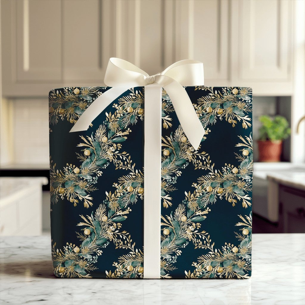 Elegant Gold Green Gift Wrap Roll, Botanical Wreath Christmas Wrapping Paper, Winter Holiday Present Paper, Dark Floral Gift 