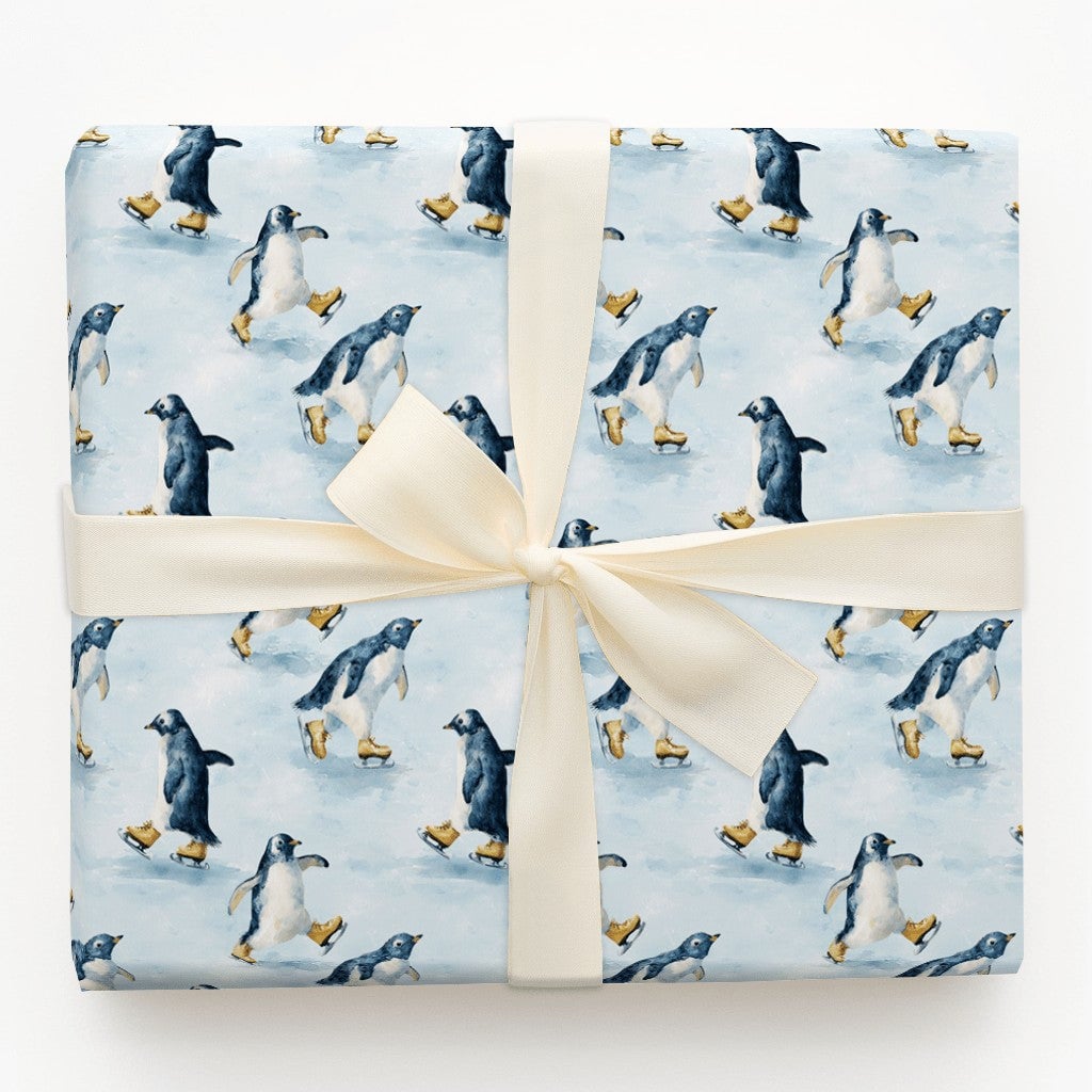 Adorable Winter Animal Gift Wrap, Ice Skating Penguin Christmas Wrapping Paper, Watercolor Holiday Wrapping Paper, Festive Ki