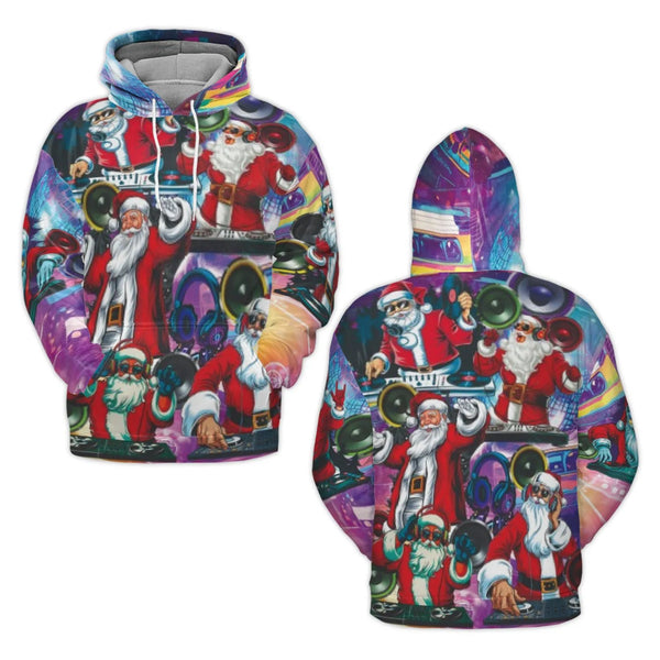 Retro Christmas Party Hoodie, DJ Santa Claus Hoodie, Electronic Music Santa Sweatshirt, Humorous Holiday Graphic Pullover Fle