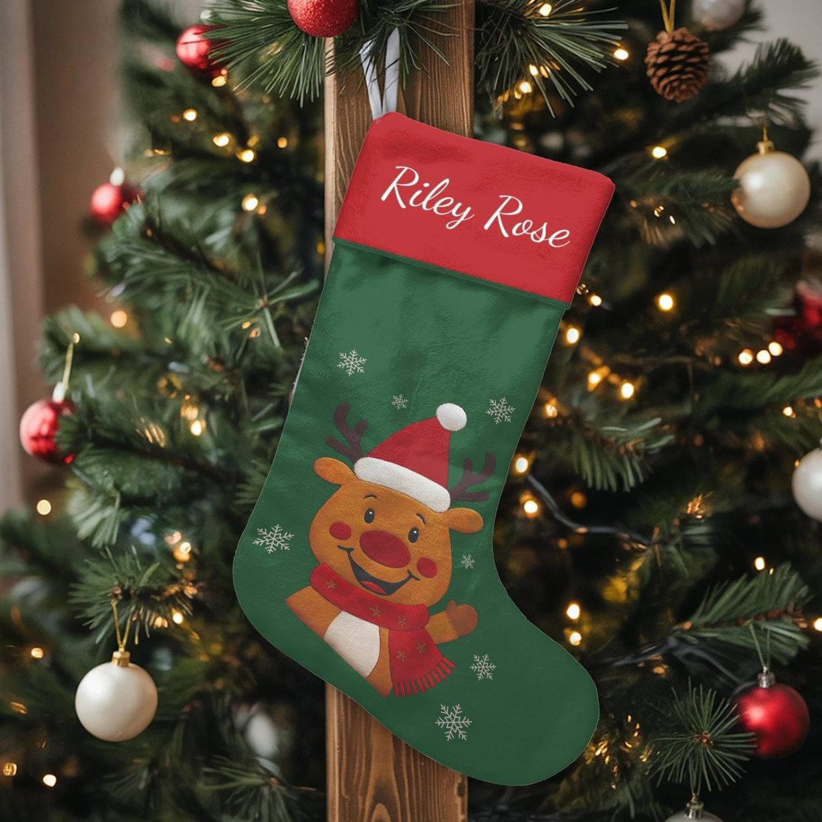 Snowflake Holiday Stocking, Adorable Reindeer Christmas Stocking, Personalized Christmas Stocking, Custom Name Stocking, Kids