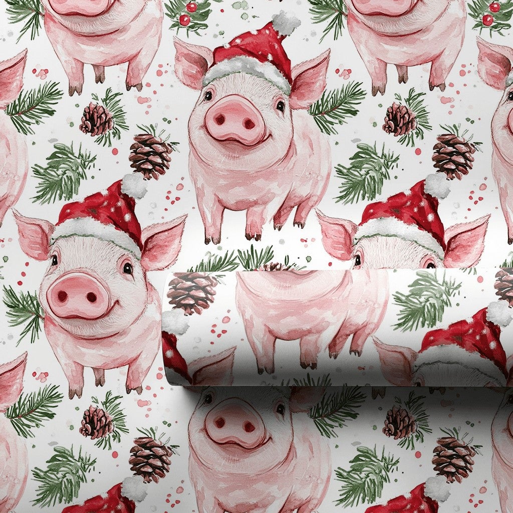 Adorable Watercolor Piglet Gift Wrap, Santa Hat Pig Wrapping Paper, Festive Animal Christmas Wrapping Paper, Whimsical Holida