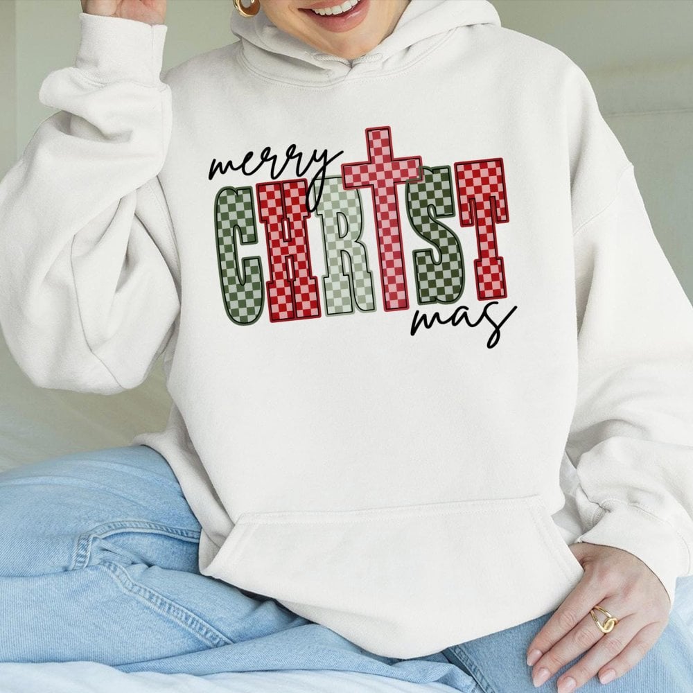 Red Green Checkerboard Faith Sweatshirt, Merry Christ-mas Cross Hoodie, Religious Christmas Tree Pullover, Jesus Holiday Pres