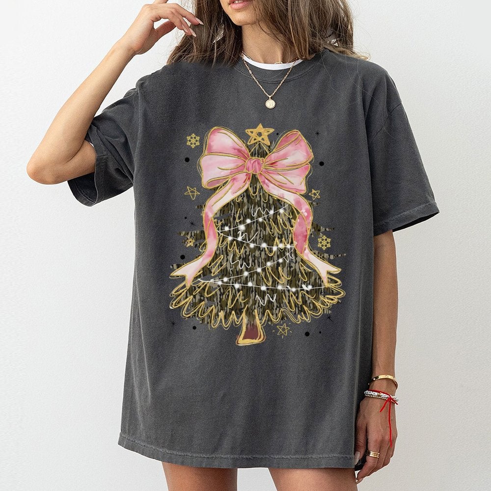 Coquette Pink Bow Aesthetic Graphic Tee, Camo Christmas Tree T-Shirt, Camo Tree Holiday Shirt, Adorable Camo Xmas Tee, Holida