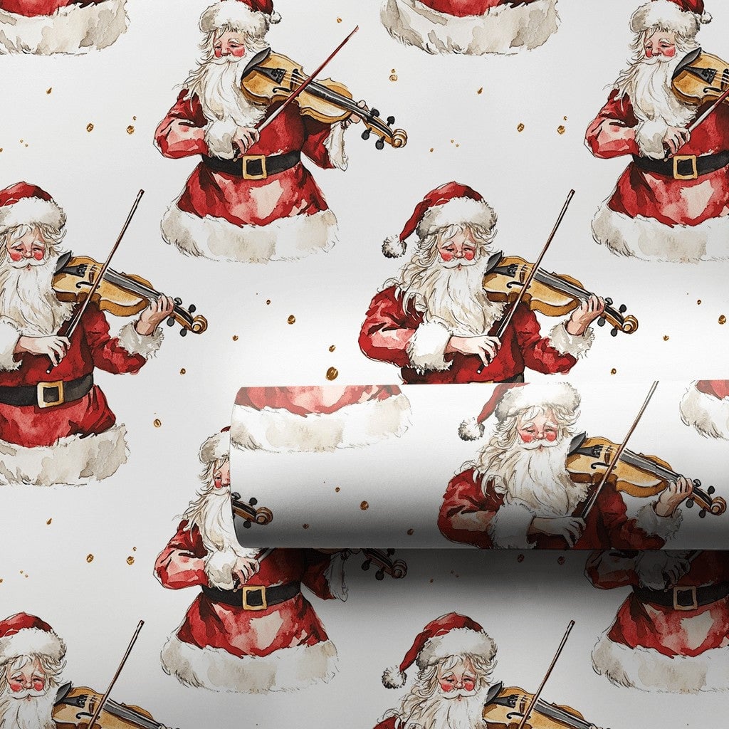 Watercolor Christmas Wrapping Paper Roll, Musical Santa Violinist Wrapping Paper, Classical Music Gift Wrap, Holiday Santa Wr