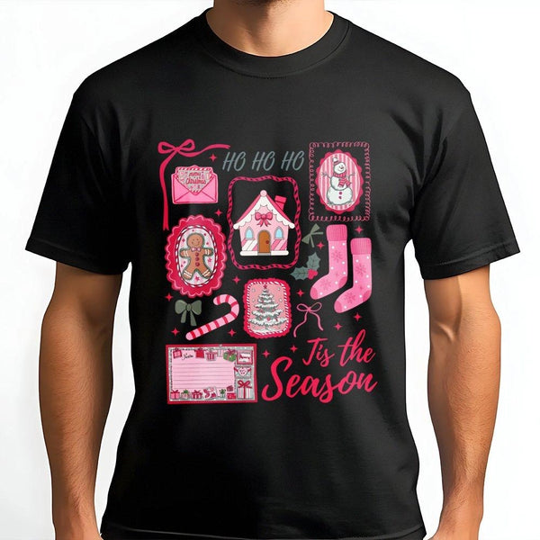 Adorable Gingerbread Snowman Graphic Tee, Pink Christmas Icons T-Shirt, Pastel Xmas Shirt, Retro Holiday Festive Tee, Holiday