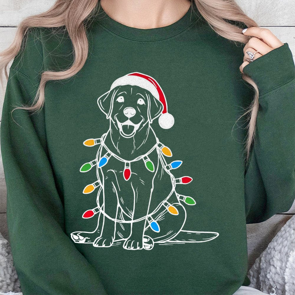 Santa Hat Dog Fairy Lights Sweater, Labrador Christmas Sweatshirt, Festive Lab Holiday Crewneck, Comfy Dog Lover Winter Pullo