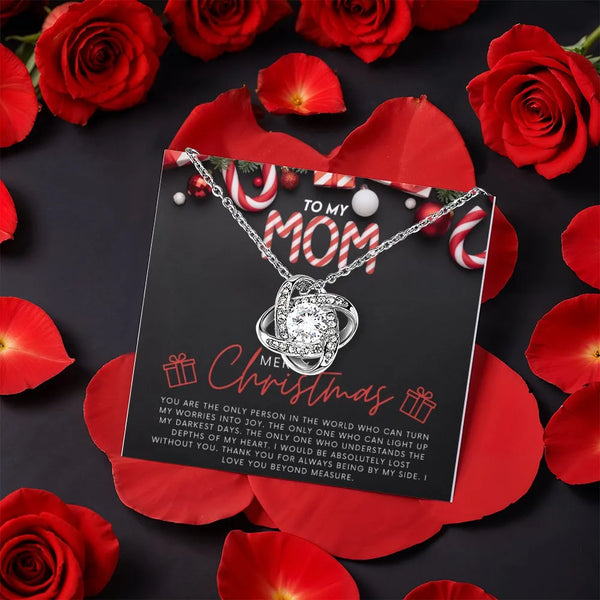 Merry Christmas Mom Necklace, Mom Love Knot Necklace, Rotating Rose Box Love Knot Pendant, Holiday CZ Crystal Jewelry, Presen