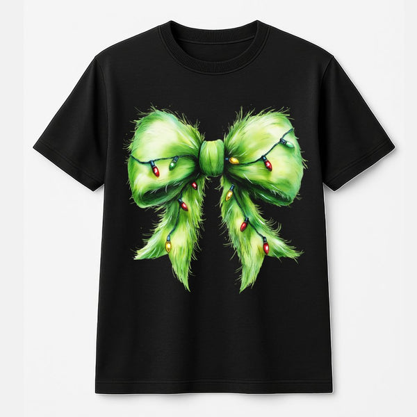 Holiday Lights Tee, Furry Green Bow Christmas Shirt, Adorable Coquette Christmas T-Shirt, Retro Xmas Graphic Tee, Holiday Pre