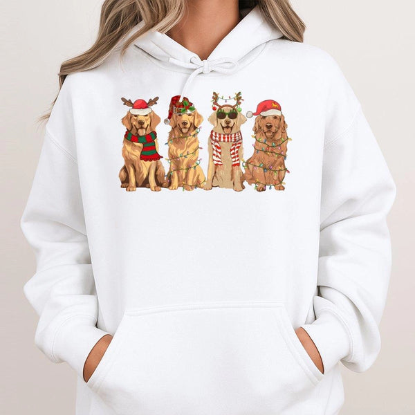 Festive Dog Lights Hoodie, Christmas Golden Retriever Hoodie, Holiday Dog Lover Hooded Sweatshirt, Adorable Xmas Golden Retri