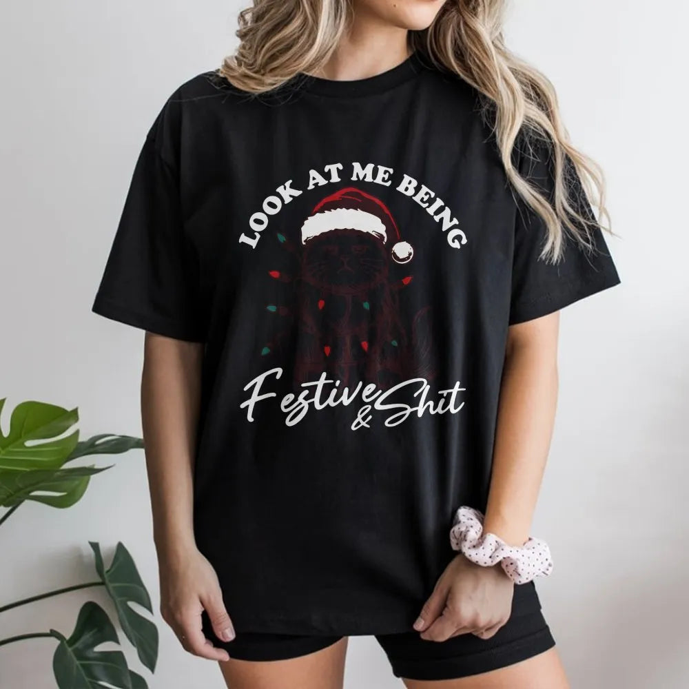 Kitten Tangled in Lights Shirt, Humorous Grumpy Cat Christmas T-Shirt, Sarcastic Holiday Graphic Tee, Cat Lover Christmas Gra