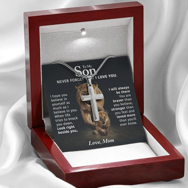Stainless Steel Cross Necklace, Lion Cross Necklace for Son, Inspirational Faith Cross Necklace, Son Birthday Christmas Prese