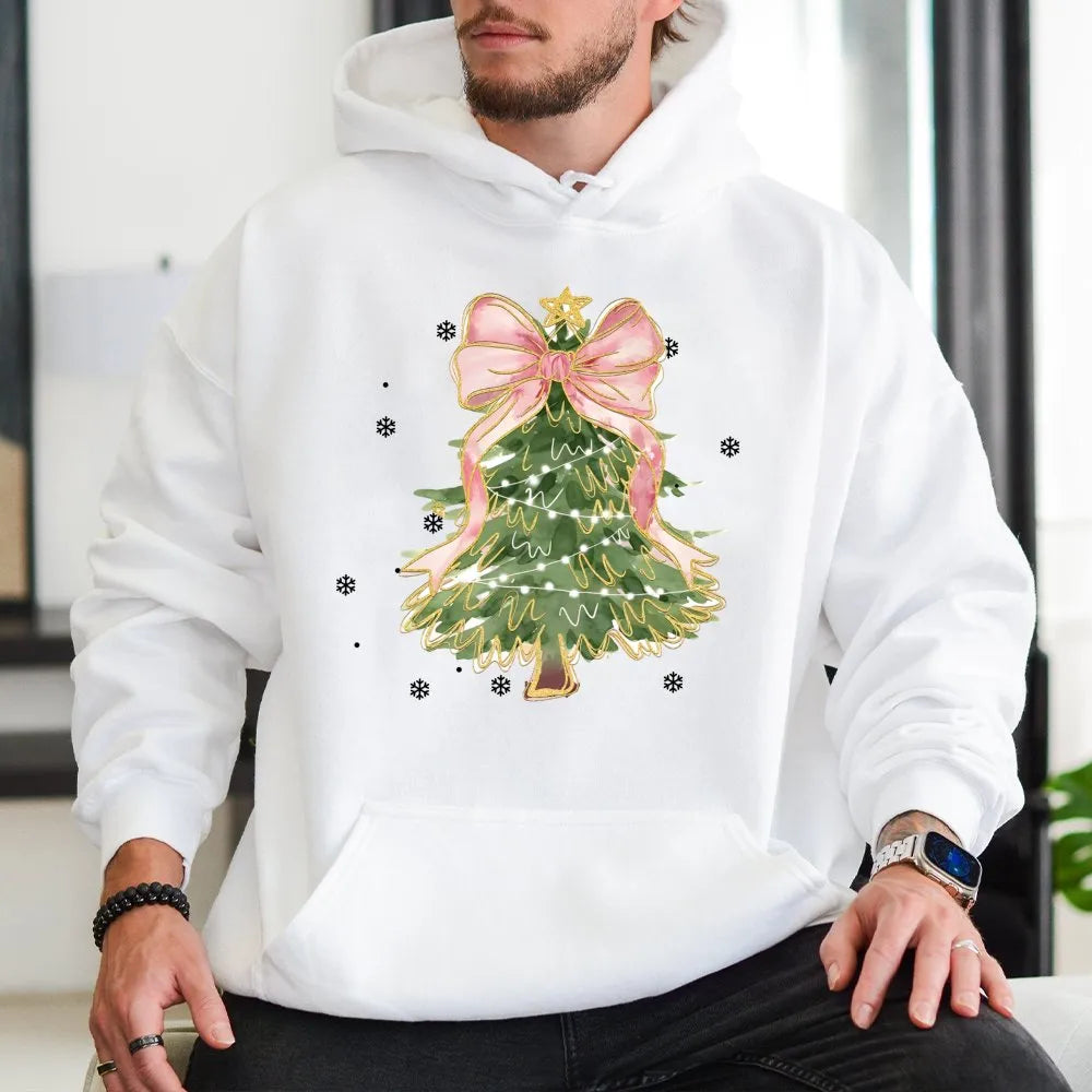 Pink Bow Aesthetic Hoodie, Coquette Christmas Tree Hoodie, Adorable Girly Xmas Tree Hoodie, Pastel Holiday Pullover, Winter P