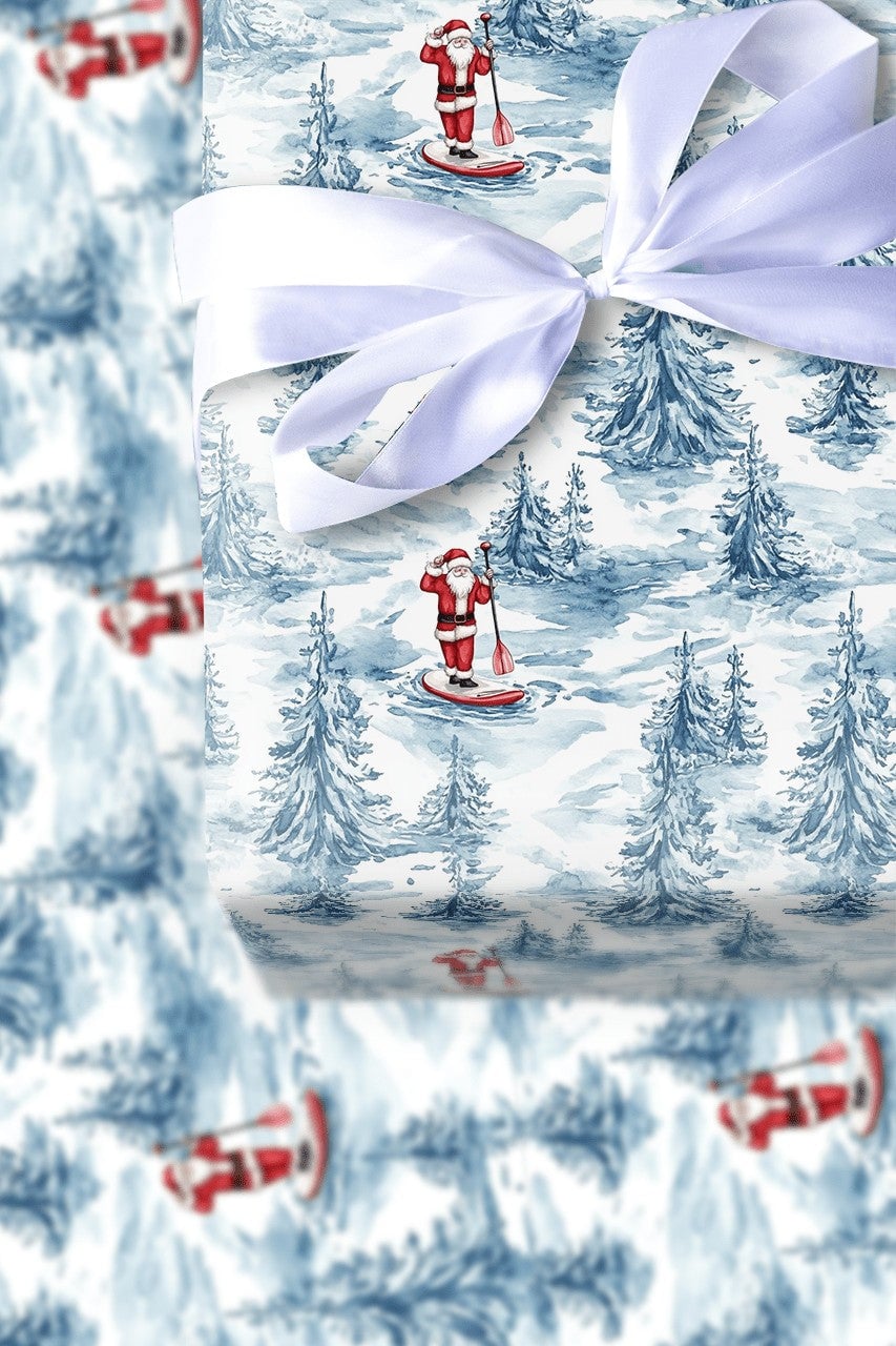 SUP Christmas Gift Wrap, Paddleboarding Santa Wrapping Paper, Winter Forest Holiday Present Paper, Adorable Coastal Xmas Gift