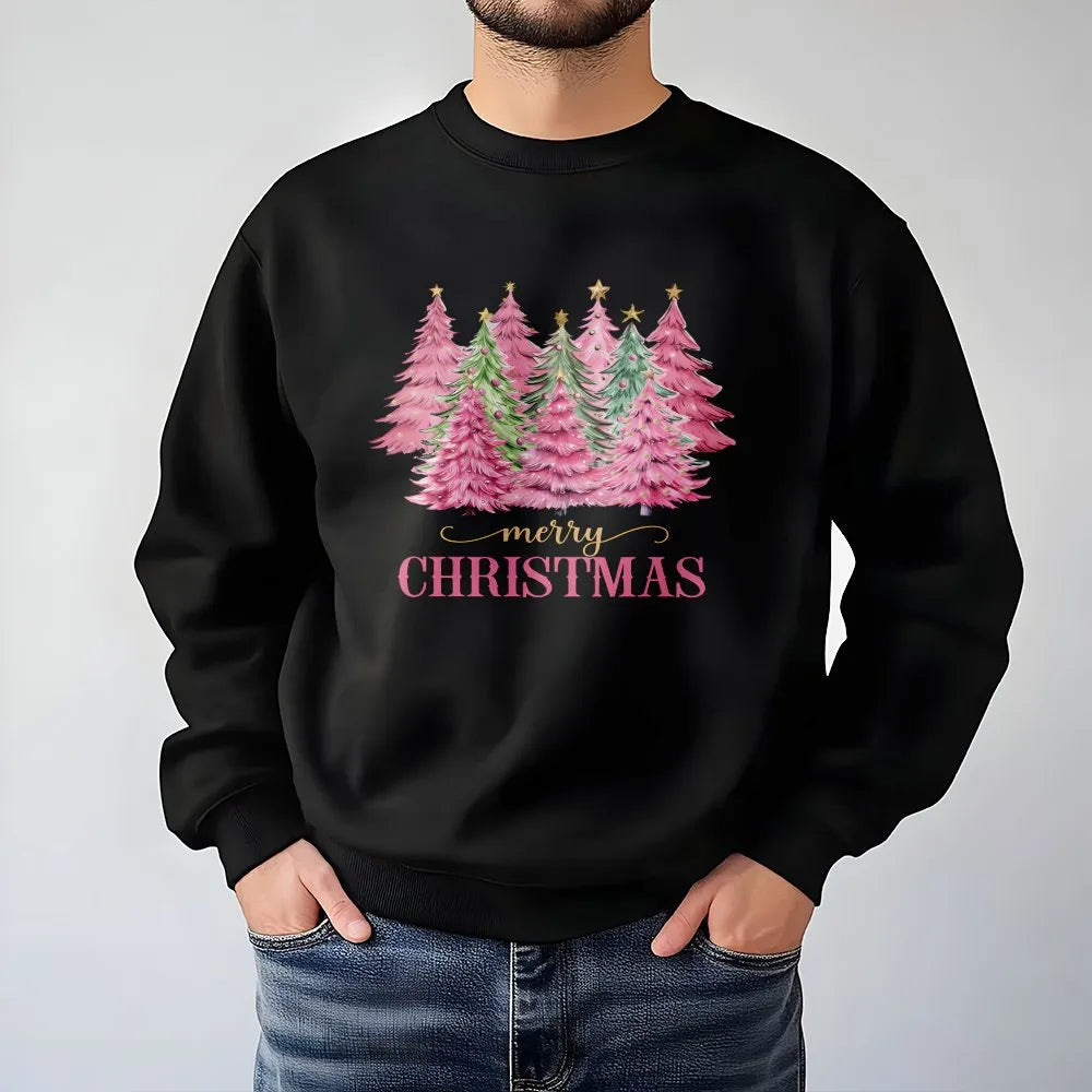 Aesthetic Holiday Graphic Sweater, Pink Christmas Tree Sweatshirt, Pastel Winter Tree Crewneck Sweatshirt, Adorable Xmas Swea