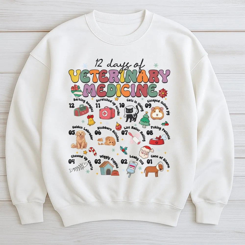 Retro Vet Tech Christmas Crewneck, 12 Days of Veterinary Medicine Sweatshirt, Humorous Animal Doctor Sweater, Holiday Vet Cli