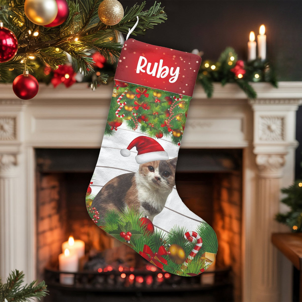 Custom Name Pet Holiday Stocking, Personalized Cat Christmas Stocking, Adorable Kitty Christmas Stocking, Pet Lover Fireplace