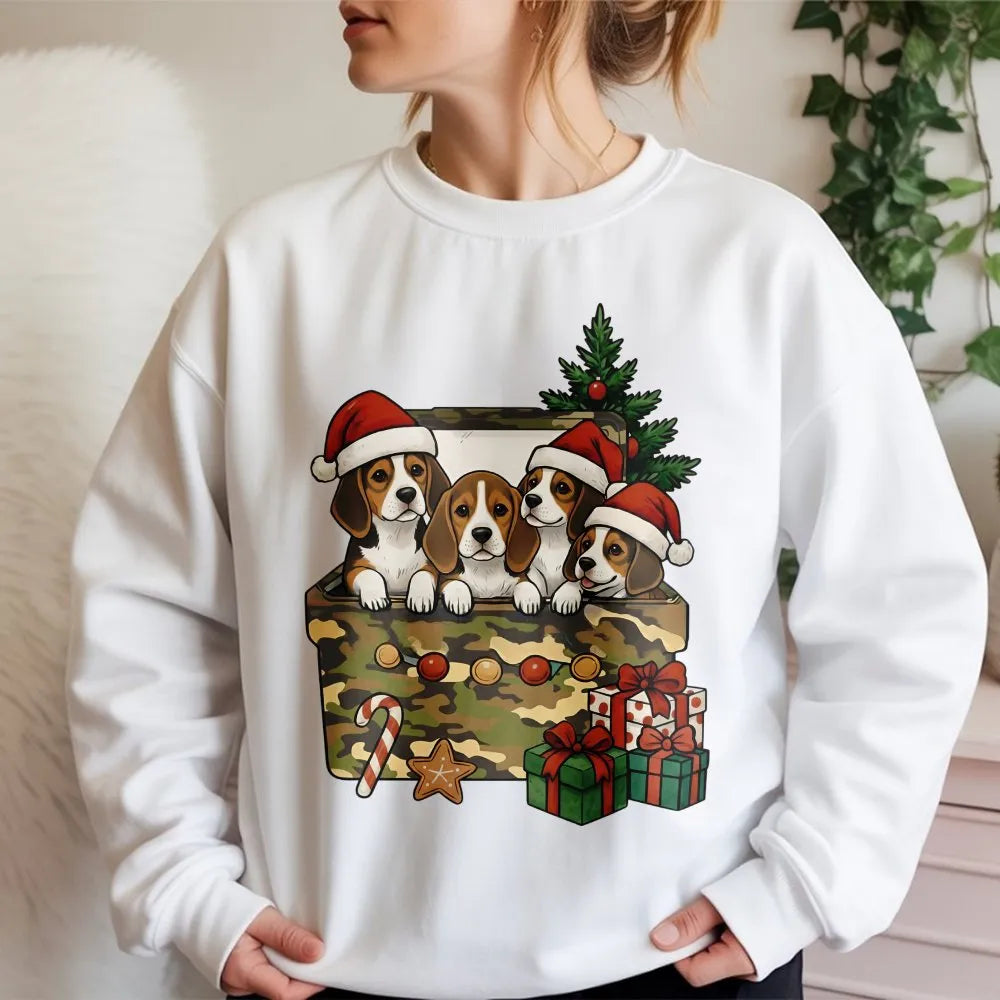 Puppies in Holiday Gift Box Crewneck, Christmas Beagle Sweatshirt, Adorable Dog Xmas Sweatshirt, Festive Puppy Sweater, Dog L