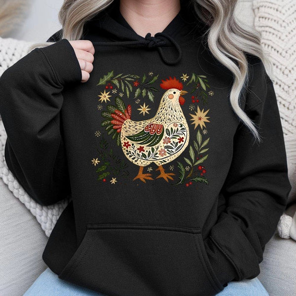 Folk Art Farm Animal Holiday Sweatshirt, Christmas Chicken Hoodie, Farmhouse Hen Winter Pullover, Country Rooster Xmas Lover 