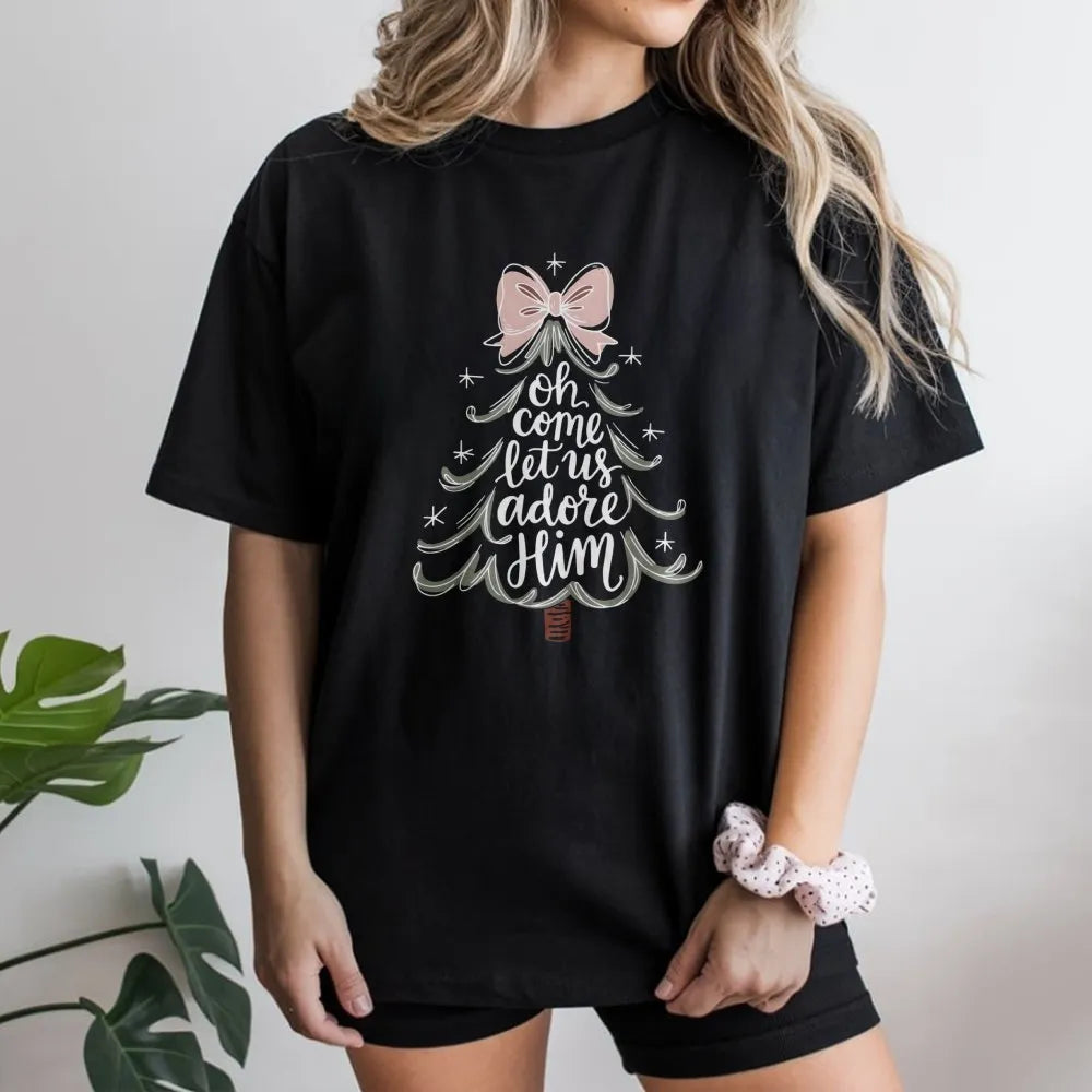 Minimalist Christmas Tree Script Tee, O Come Let Us Adore Him T-Shirt, Christian Holiday Graphic Shirt, Religious Faith Xmas 