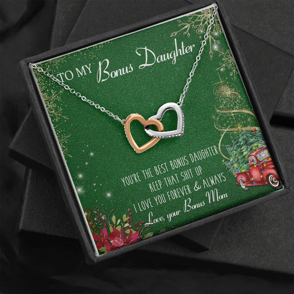 Surgical Steel Pendant Necklace, Bonus Daughter Interlocking Heart Necklace, Stepdaughter Keepsake Necklace, Christmas Presen