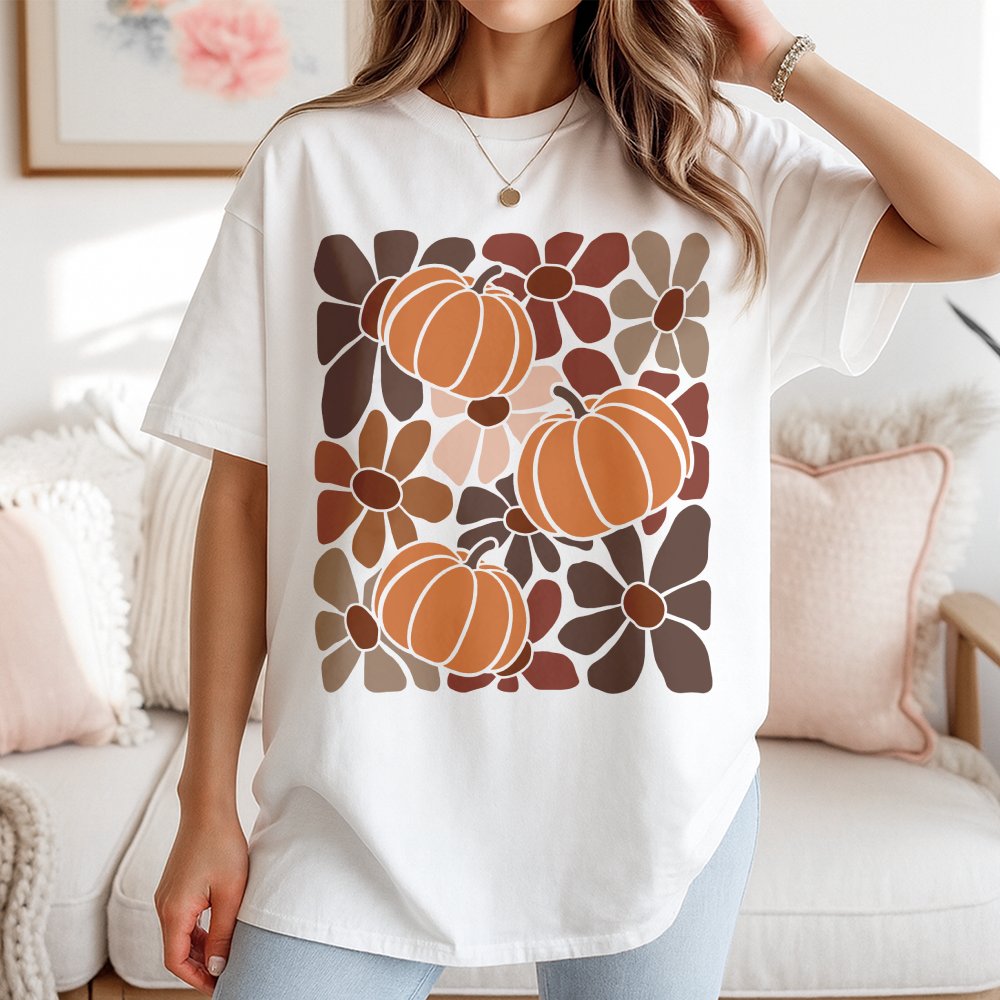 Boho Pumpkin T-Shirt | Retro Floral Autumn Graphic | 100% Cotton Fall Apparel | Thanksgiving Gift For Her