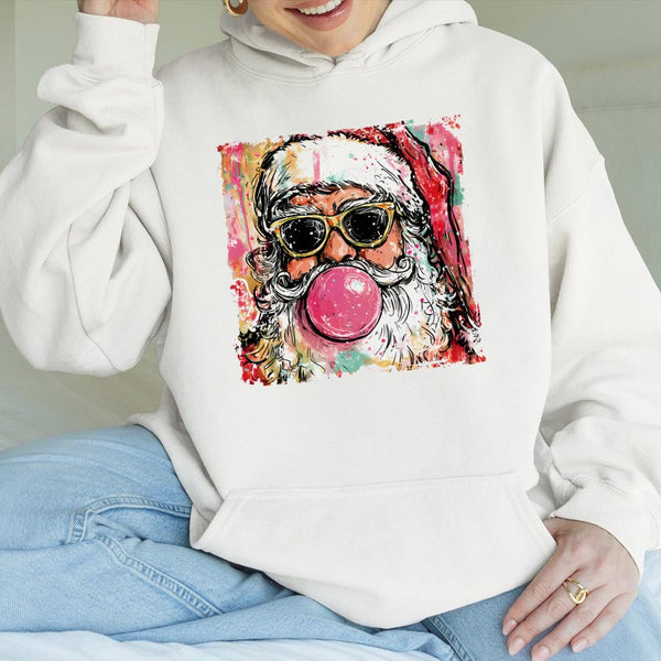 Humorous Cool Santa Hooded Sweatshirt, Bubble Gum Santa Claus Hoodie, Retro Christmas Santa Hoodie, Graphic Holiday Pullover 
