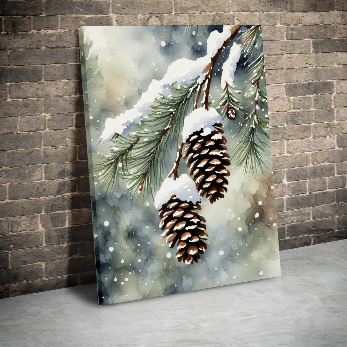 Winter Forest Watercolor Canvas, Snowy Pine Cones Canvas Print, Rustic Pine Cone Canvas Art, Christmas Pinecone Print, Holida