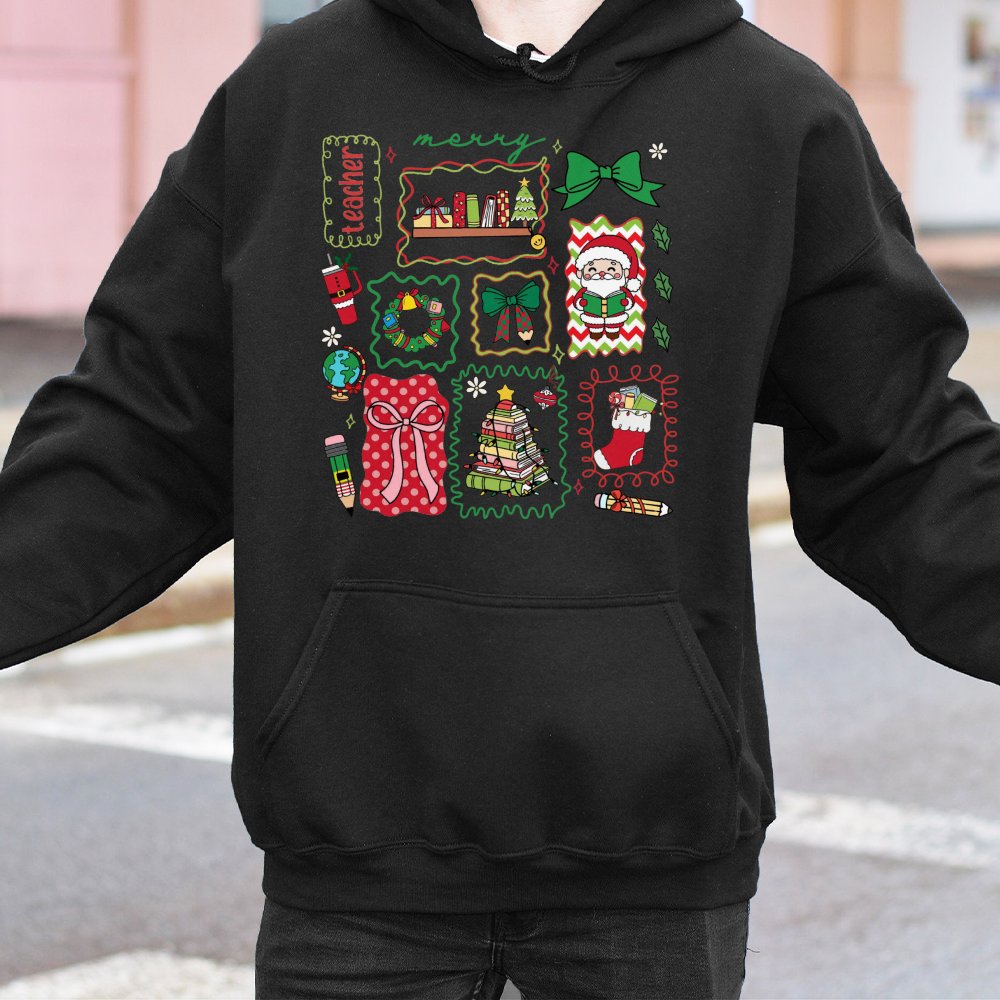 Book Stack Holiday Hoodie, Teacher Christmas Hoodie, Adorable Santa Teacher Sweatshirt, School Educator Christmas Hoodie, Mer