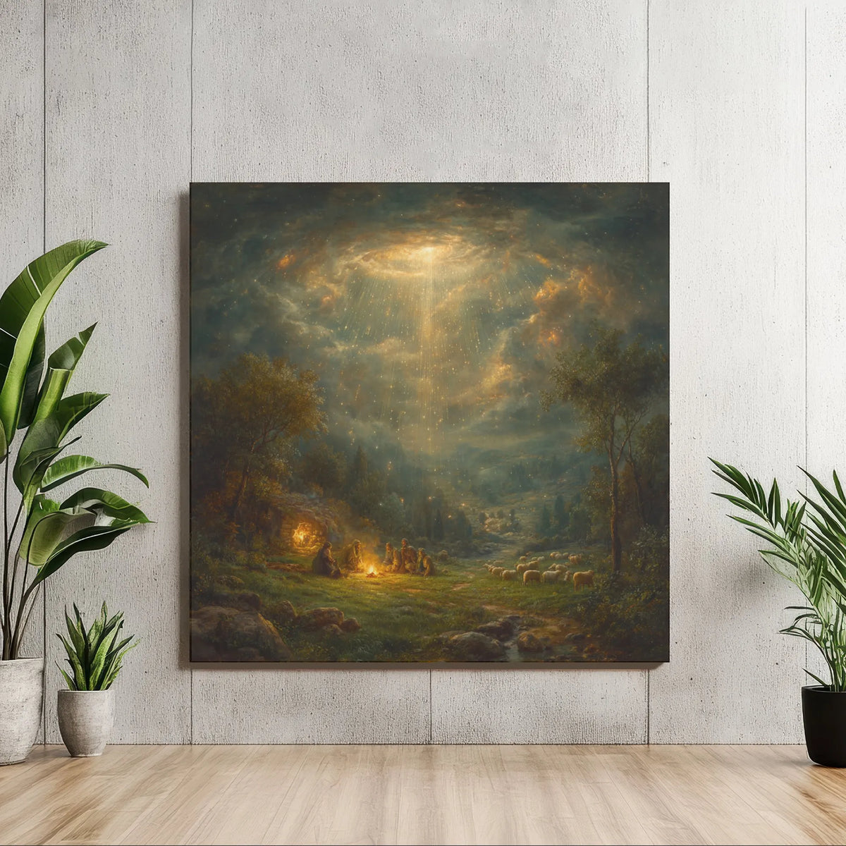 Bethlehem Shepherds Divine Light Painting, Nativity Shepherds Square Canvas, Christian Christmas Wall Decor, Religious Holida