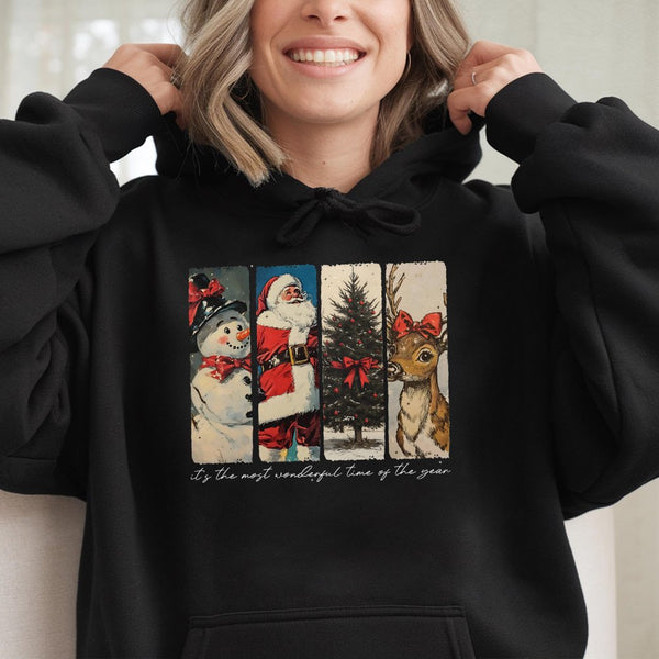 Retro Santa Reindeer Snowman Hoodie, Vintage Christmas Hoodie, Coquette Bow Xmas Sweatshirt, Holiday Graphic Hoodie, Winter C