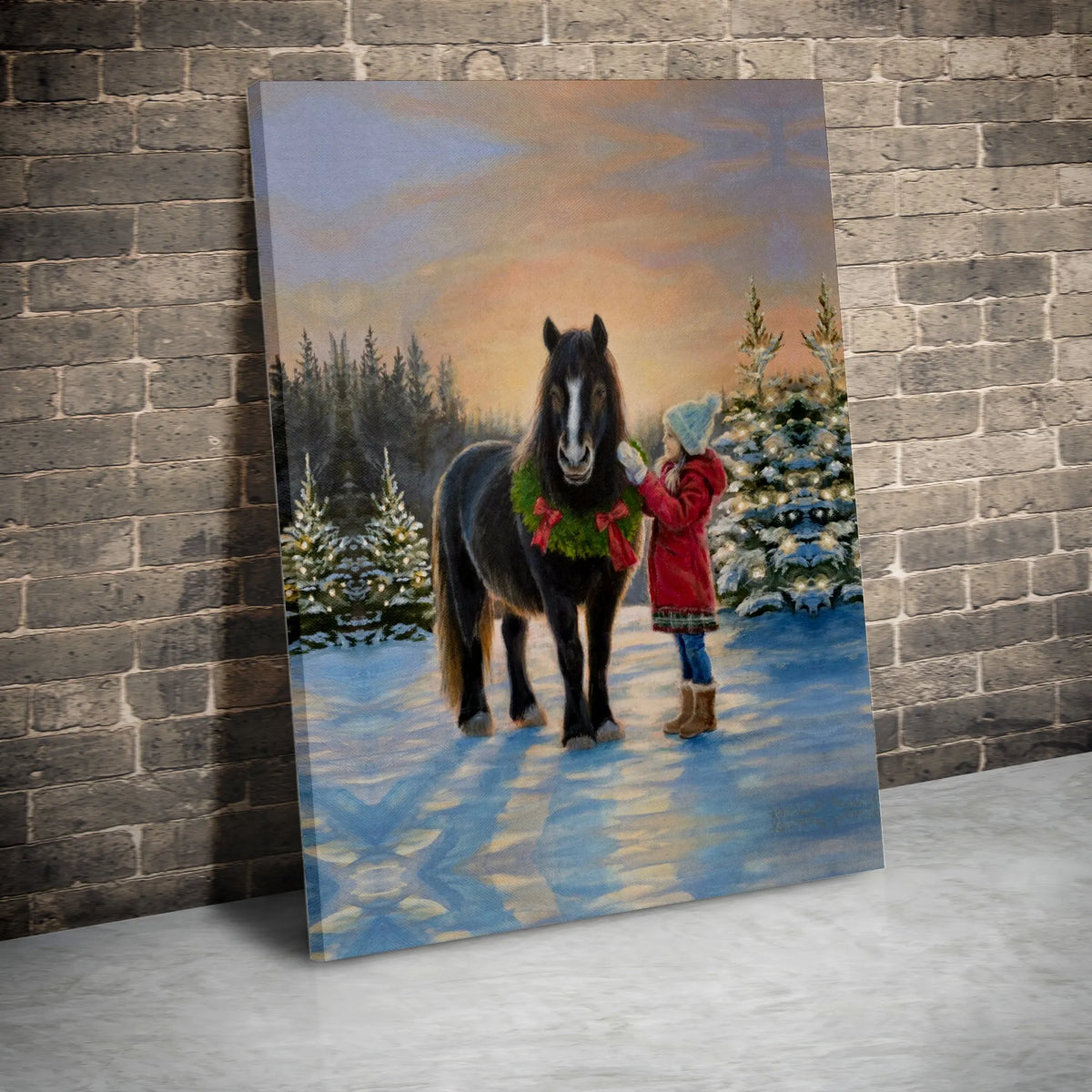 Girl and Pony Winter Snow Scene Painting Print, Christmas Horse Canvas Wall Art, Holiday Farmhouse Poster, Equestrian Digital