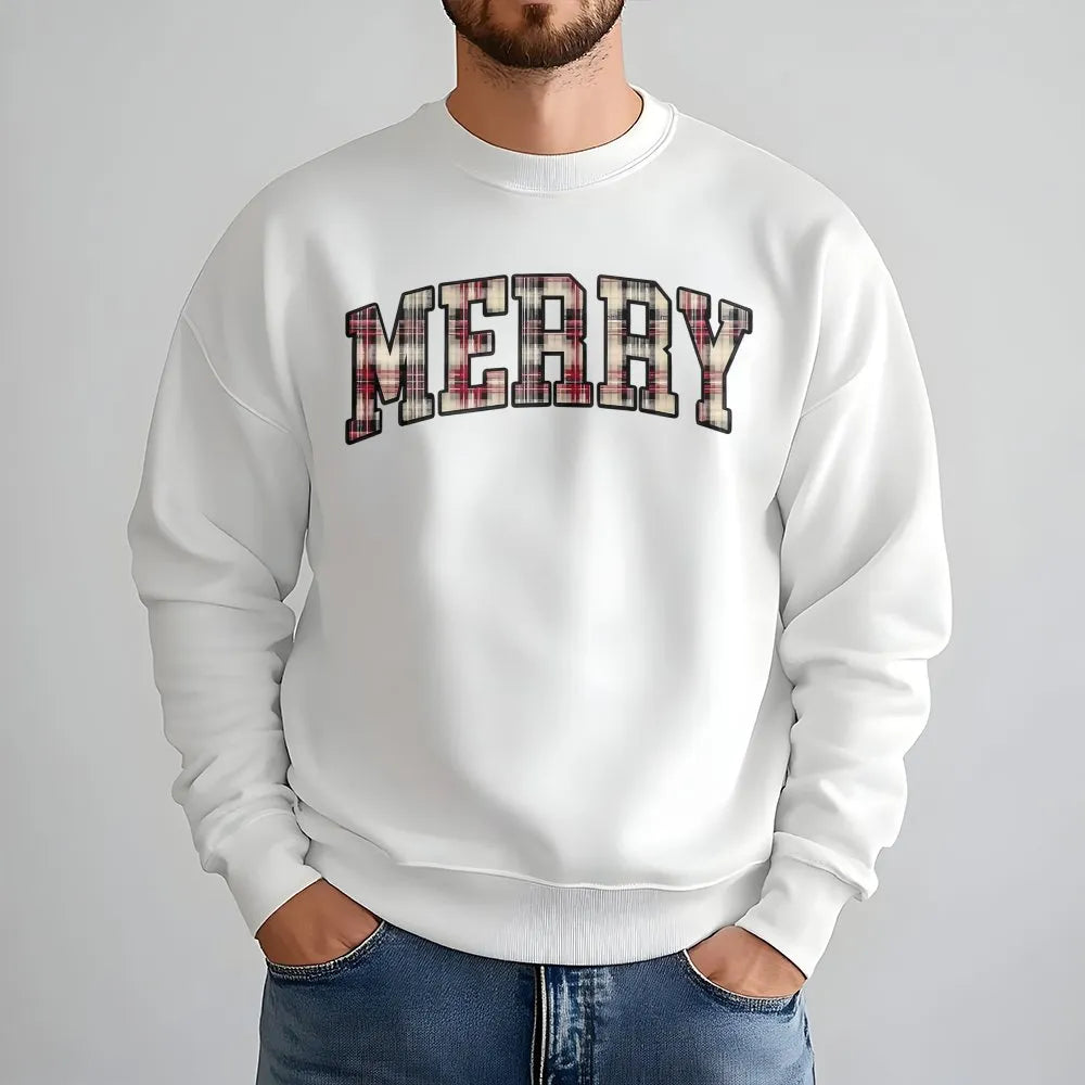 Red Plaid Varsity Letter Sweater, Merry Christmas Sweatshirt, Retro Holiday Crewneck Sweatshirt, Comfy Winter Xmas Sweatshirt