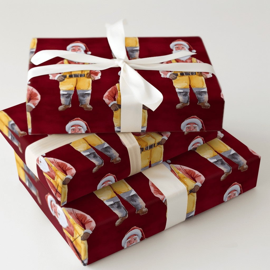 Whimsical Santa Claus Gift Wrap, Yellow Overalls Santa Wrapping Paper, Red Background Christmas Wrapping Paper, Holiday Prese