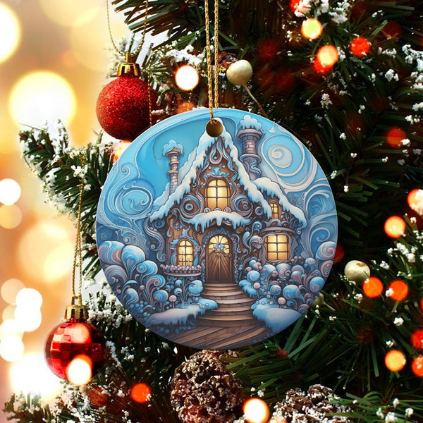 Winter Wonderland Cottage Ornament, Snowy Gingerbread House Ornament, Whimsical Gingerbread Christmas Ornament, Holiday Tree 