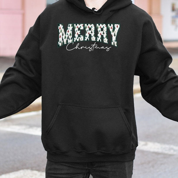 Retro Pine Tree Lettering Hoodie, Merry Christmas Varsity Hoodie, Vintage Winter Aesthetic Hooded Sweatshirt, Festive Xmas Pu