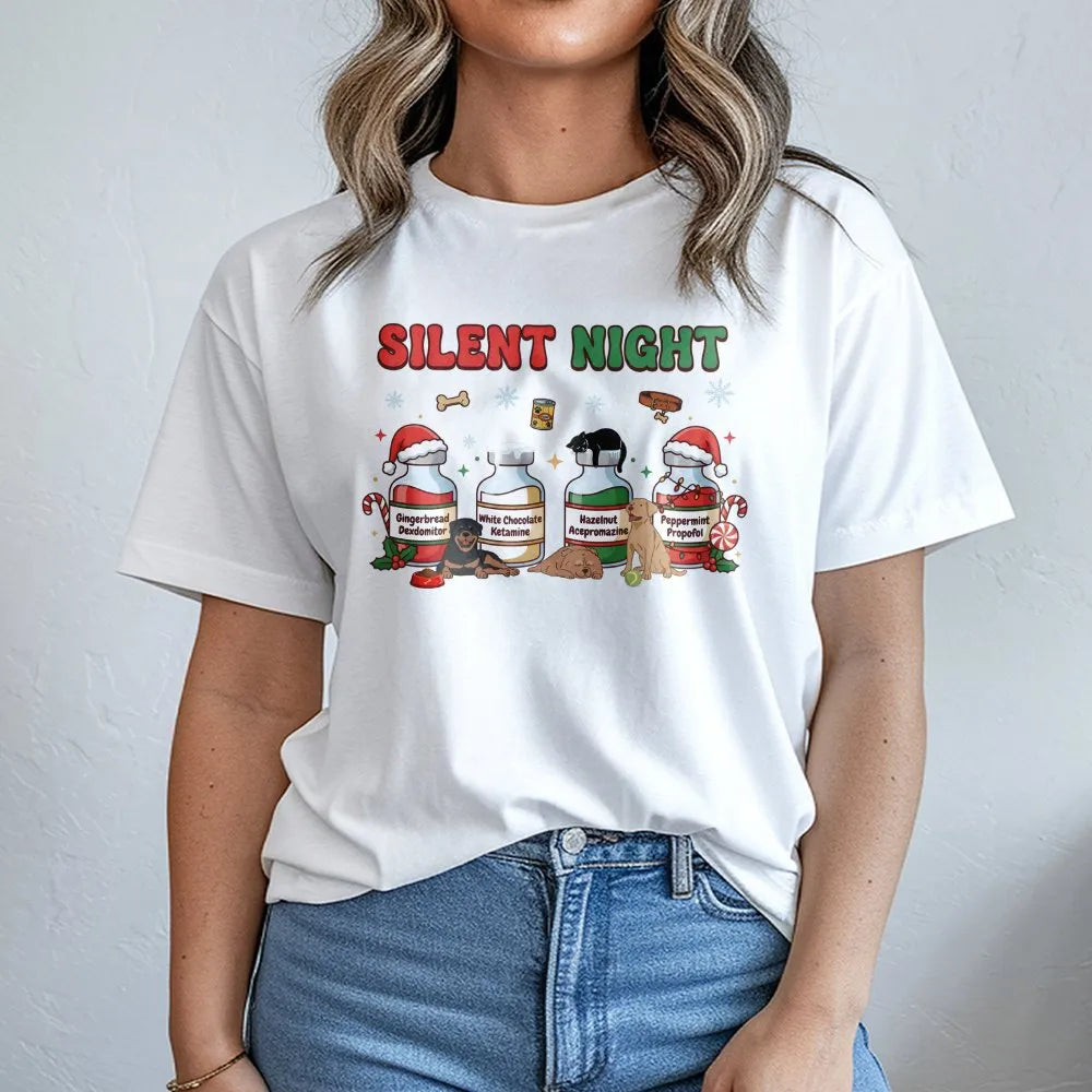 Humorous Veterinary Christmas T-Shirt, Silent Night Vet Med T-Shirt, Vet Tech Holiday Graphic Tee, Vet Student Xmas Shirt, Ve