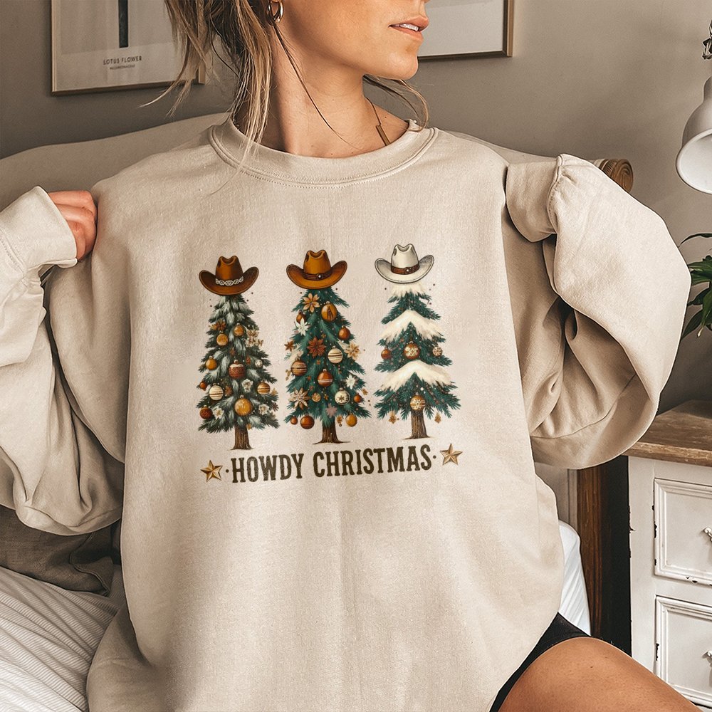 Western Cowboy Hat Tree Crewneck, Howdy Christmas Sweatshirt, Country Holiday Graphic Pullover, Humorous Southern Xmas Sweate
