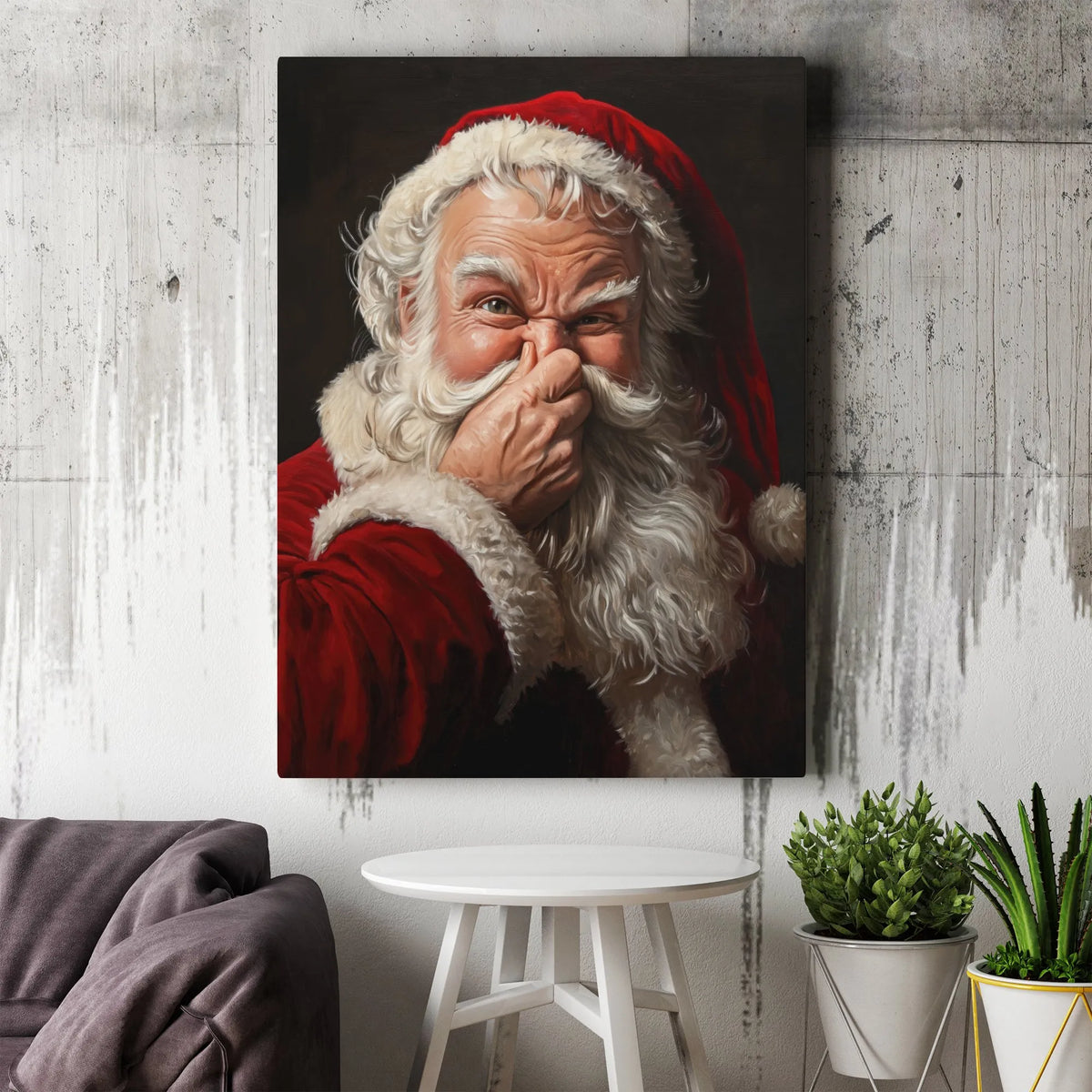 Whimsical Holding Nose Canvas Print, Humorous Santa Claus Canvas Wall Art, Christmas Holiday Portrait Canvas, Xmas Wall Decor