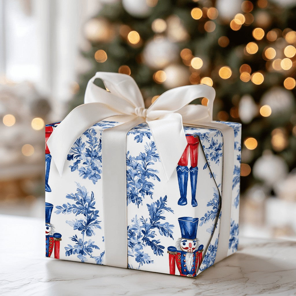 Blue Toile Floral Gift Wrap, Nutcracker Wrapping Paper, Watercolor Nutcracker Soldier Wrapping Paper, Christmas Holiday Prese