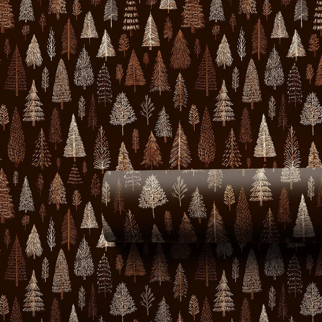 Hand-Drawn Winter Gift Wrap, Rustic Pine Tree Forest Wrapping Paper, Evergreen Tree Wrapping Paper Roll, Comfy Woodland Chris