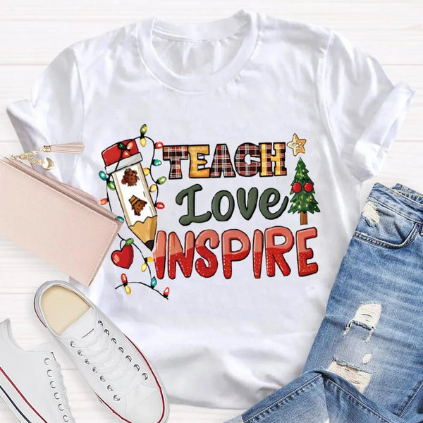 Festive Tree Lights Teacher Tee, Teach Love Inspire Christmas T-Shirt, Holiday Educator Shirt, Merry Christmas School Teacher