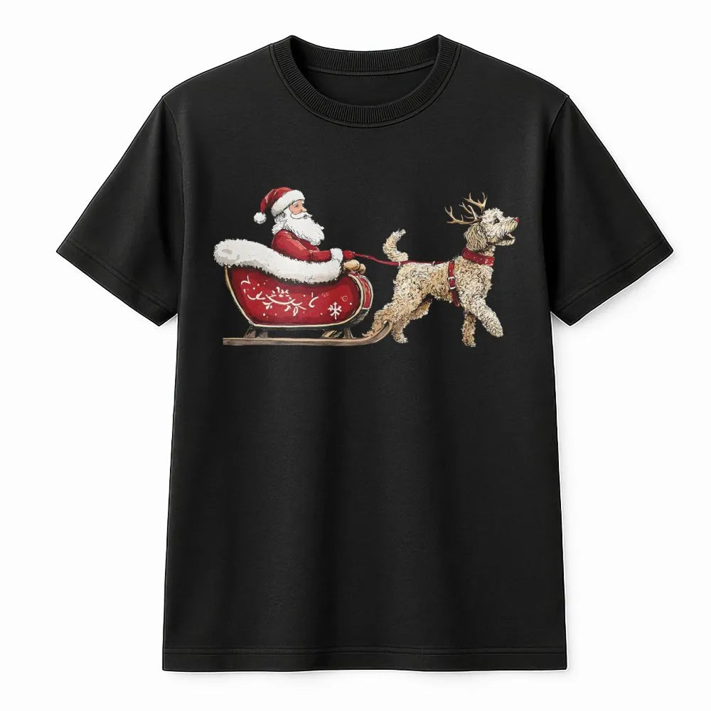 Santa Claus Sleigh Doodle Dog Graphic Tee, Goldendoodle Christmas T-Shirt, Humorous Dog Lover Xmas Shirt, Adorable Winter Pet