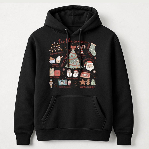 Festive Holiday Icons Hooded Sweatshirt, Tis the Season Christmas Hoodie, Retro Xmas Graphic Hoodie, Adorable Winter Pullover
